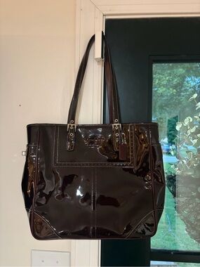 Coach Patent Leather Tote in Dark Brown